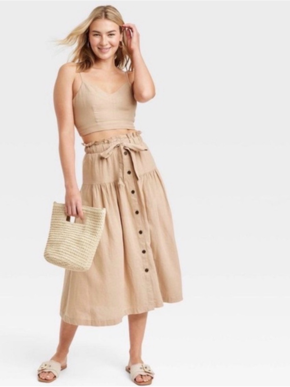Gorgeous Linen Blend Button-Front Paperbag Midi Skirt & Crop Top